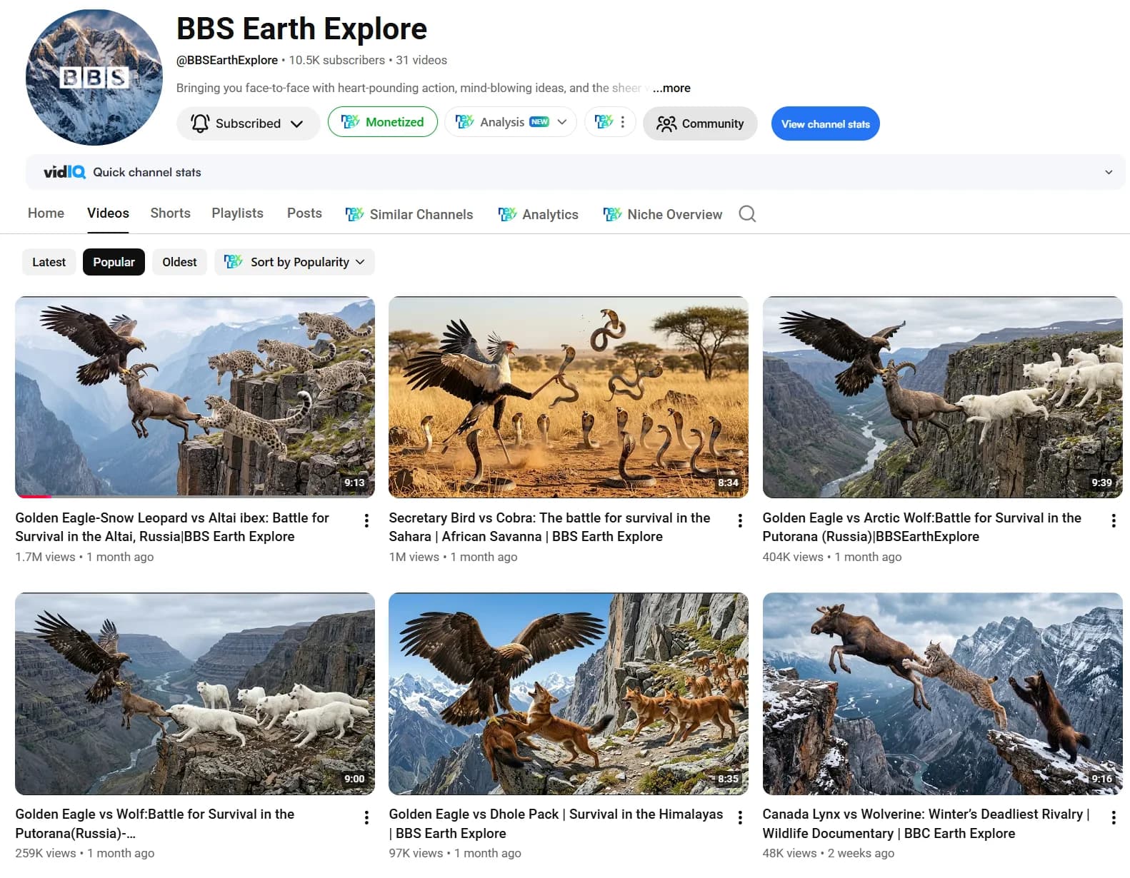 Kênh BBS Earth Explore — 10,5K subs, chỉ 31 video, Monetized, video 1,7 triệu views