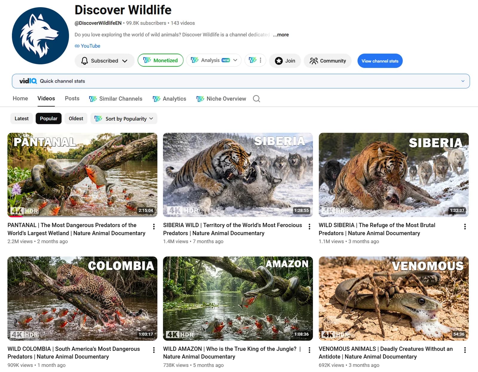 Kênh Discover Wildlife — 99,8K subscribers, 143 video, gắn nhãn Monetized, video 2,2 triệu views