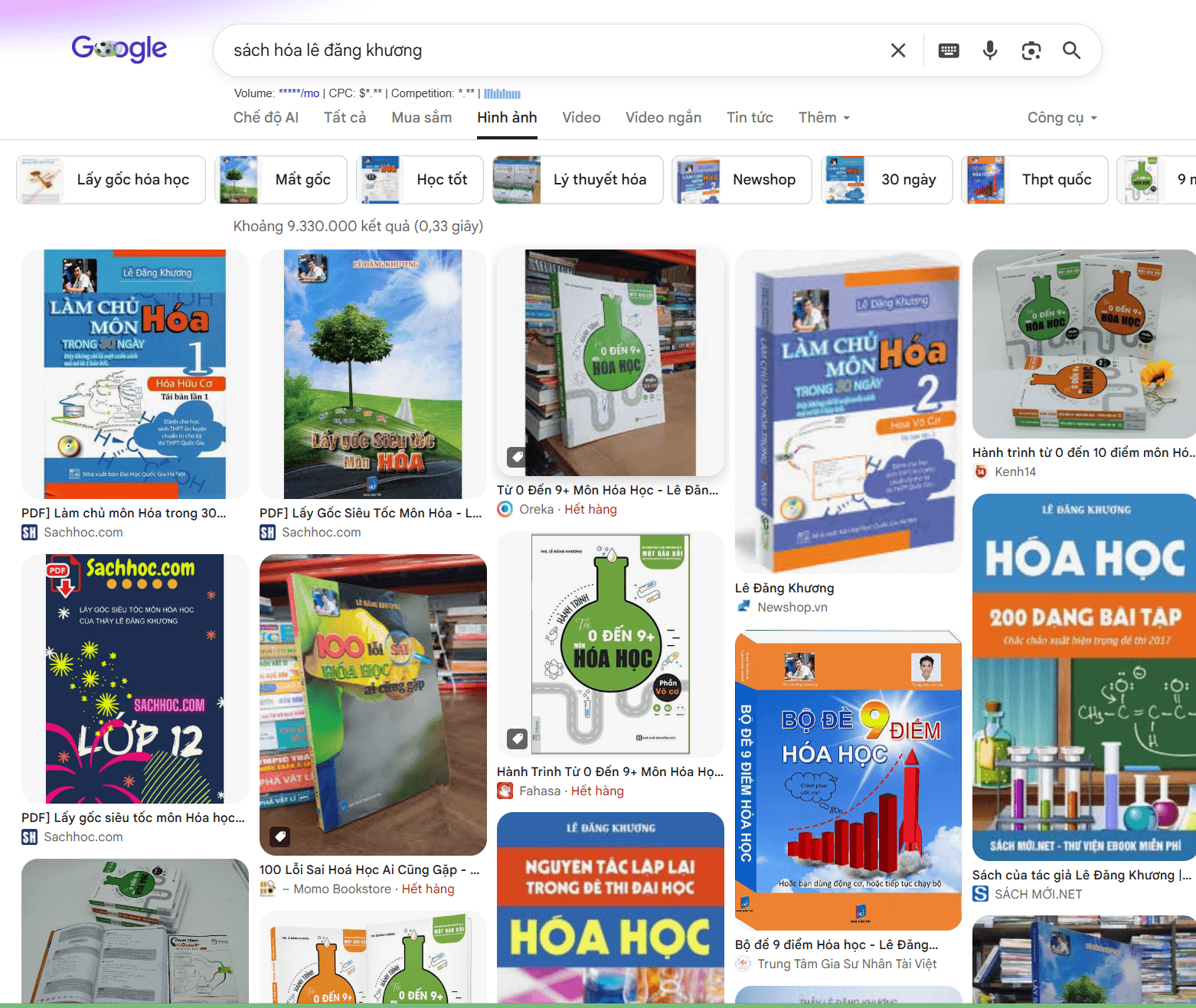 Tìm ‘sách hóa lê đăng khương’ trên Google — hơn 9 triệu kết quả