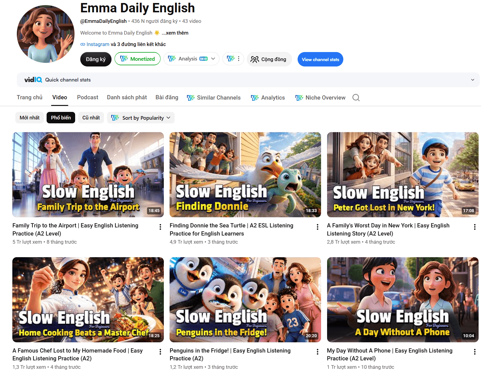 Các video Slow English của kênh — video 5 triệu views, 4,9 triệu views, 2,8 triệu views