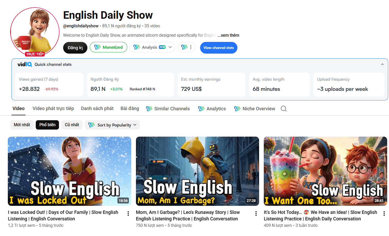 Kênh English Daily Show — 89,1K subs, video Slow English 1,2 triệu views