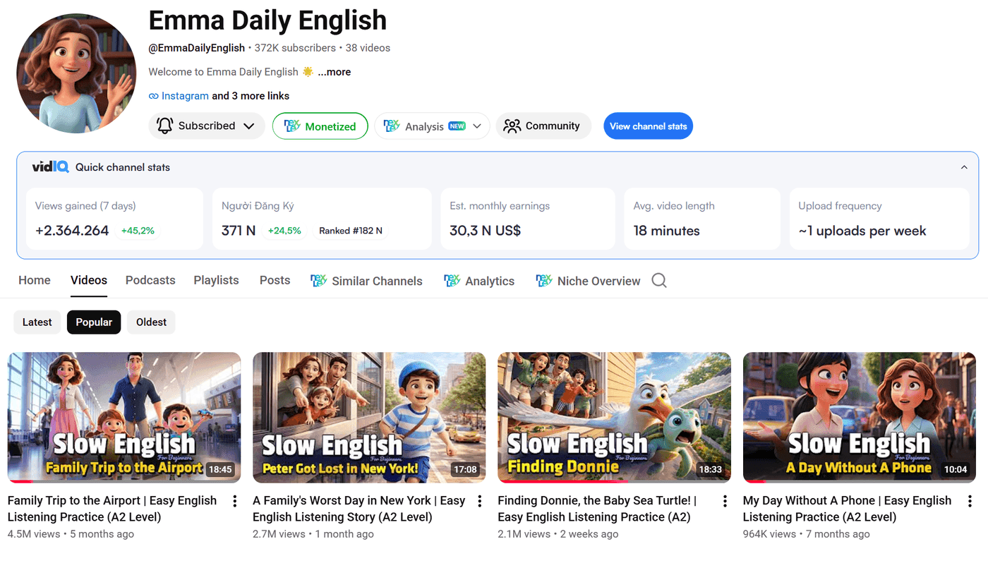 Kênh Emma Daily English — 372K subscribers, 38 video, gắn nhãn Monetized